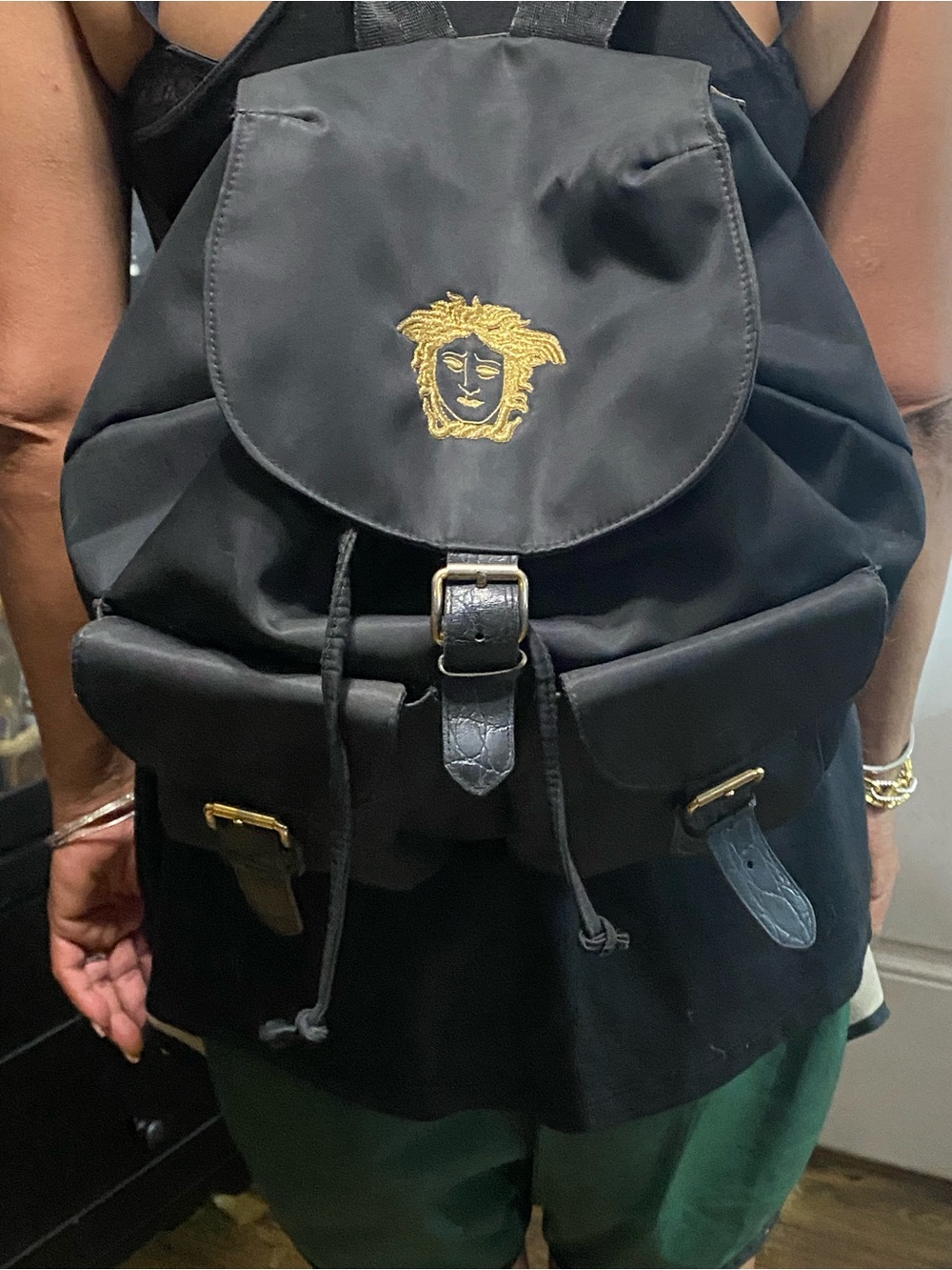 Gianni Versace  Black nylon Backpack with Gold Medusa Embroidery